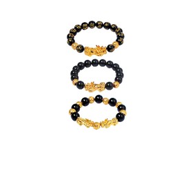 COLORFUL BLING 3 Pcs Set Feng Shui Good Luck Bracelets Obsidian Bead Dragon Lucky Charm Bracelet Pixiu Pi Yao Attract Wealth Money Feng Shui Jewelry for Men Women
