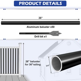 Kinchoix 50 Pack 36" Aluminum Deck Balusters Round Black Deck Railing Stair Porch Staircase Spindles 3/4" Diameter Balusters Outdoor