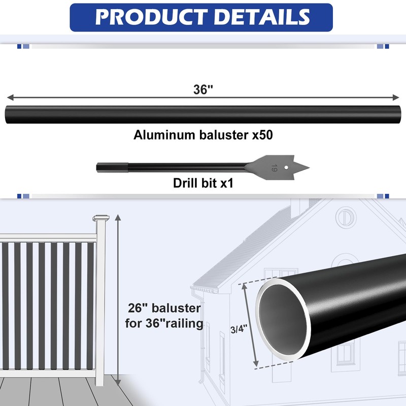 Kinchoix 50 Pack 36" Aluminum Deck Balusters Round Black Deck