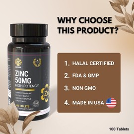 Halal Zinc 50 mg – Immune & Antioxidant Support Supplement for Men and Women | 100 Tablets – Halal Certified, Non-GMO, Made in USA by Alnima