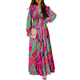 BLENCOT Women's Casual Boho Multi Printed Deep V Neck Loose Long Sleeve Long Evening Ruched Cocktail Party Maxi Wedding Dress Geometry Multi X-Large