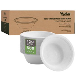 Vplus Vplus 500 Pack 12 OZ Paper Bowls, Disposable Compostable Bowls Bulk, Eco-friendly Bagasse Bowls, Heavy-duty Bowls Perfect for Milk Cereals, Snacks, Salads