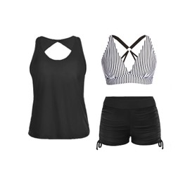 Yonique - Traje de baño tankini de 3 piezas para mujer, traje de baño con pantalones cortos y brasier deportivo, Negro y rayas., Small