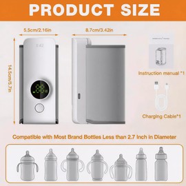 Portable Baby Bottle Warmer for Travel, Fast Heating & Precise Temp Control, Cordless Rechargeable Milk Warmer with LED Display, Waterless & Even Warming for Breastmilk On The Go