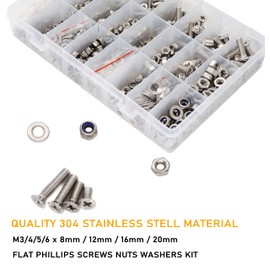 binifiMux 1020pcs M3 M4 M5 M6 Flat Phillips Countersunk Head Machine Screws Bolts Nuts Washers Assortment Kit, 304 Stainless Steel, Silver Tone