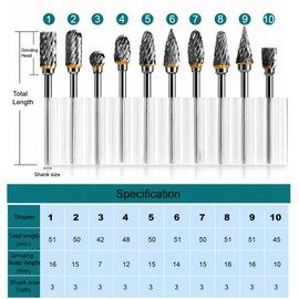 10PCS Carbide Burr Set 1/8 Inch Shank Rotary Tool Bits for Wood Metal Carving, Engraving & Grinding