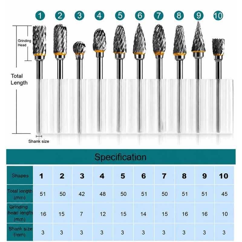 10PCS Carbide Burr Set 1/8 Inch Shank Rotary Tool Bits
