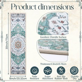 Dunzy 15 Pcs Non-slip Stair Treads for Wooden Steps 30x8 Inch, Peel and Stick Chenille Carpet Treads, Vintage Floral Medallion Print Stair Rug, Residue-free Adhesive, Machine Washable for Seniors Pets