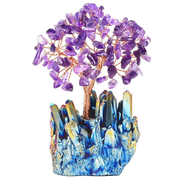 MASGEMES Amethyst Crystal Tree with Rainbow Titanium Base,Handmade Feng Shui