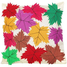 Exotic India Afterglow Cushion Cover with Applique Chinar Leaves - Art Silk