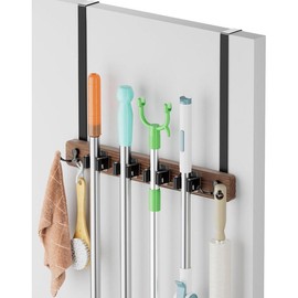 Broom Holder Door Mount, Over the Door Broom and Mop Holder with 2 Over Door Hooks,  Broom Hanger, Tool Rack Organizer for Laundry, Garage, Closet, Kitchen Decor, 4 Slots & 4 Hooks Rustic - Color: Brown