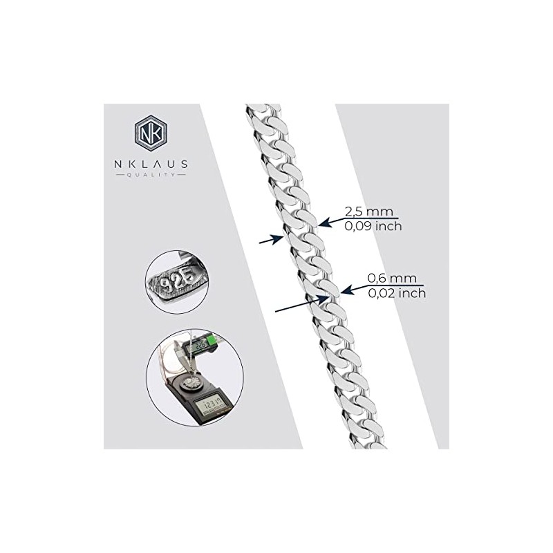 NKlaus 925 Sterling Silver Curb Chain 2.50 mm Wide, Silver