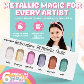 Panduro Watercolour Set Pastel Metallic Set of 6 Shimmering Aquarelle Colors, Palette for Painting, Calligraphy, Brush Lettering, for Children, Adults