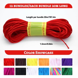 RUNYU 12 Rolls of Nylon Cord for Bracelets, 1.5 mm Yarn for Friendship Bracelets, 12 Colours, Satin Cord, Nylon Thread for Bracelets, DIY Jewellery, Necklace, Bracelet, String (20 m)