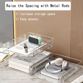 Clear Acrylic Desk Organizer, Multi-Tier Letter Tray with Pen Holder, Office Storage for Documents and Supplies