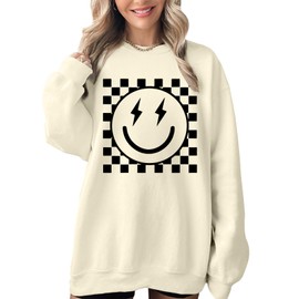 veufcyas Oversized Graphic Sweatshirts for Women Smile Face Sweatshirt Cute Crewnecks Pullover Casual Loose Long Sleeve Tees(Apricot,S)