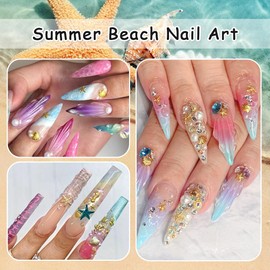 3D Metal Nail Art Charms Mixed Styles Gold Shell Starfish Seahorse Sun Feather Nail Charms Metallic Studs Rivets Jewelry for Summer Ocean Beach Theme Nails Supplies DIY Crafts Decorations