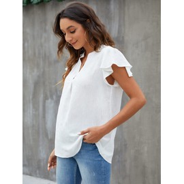 Blooming Jelly Womens White Blouse V Neck Ruffle Sleeve Flowy Shirts Dressy Casual Cute Summer Tops(Large, Solid Color-White)