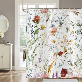 Hnmdmyi Shower Curtain Flowers 180 x 180 cm, Watercolour Colourful Flowers Plants Butterfly Wild Flowers Blossom Bath Curtain Waterproof Polyester Fabric Washable Bath Curtain for Bathroom with Hooks