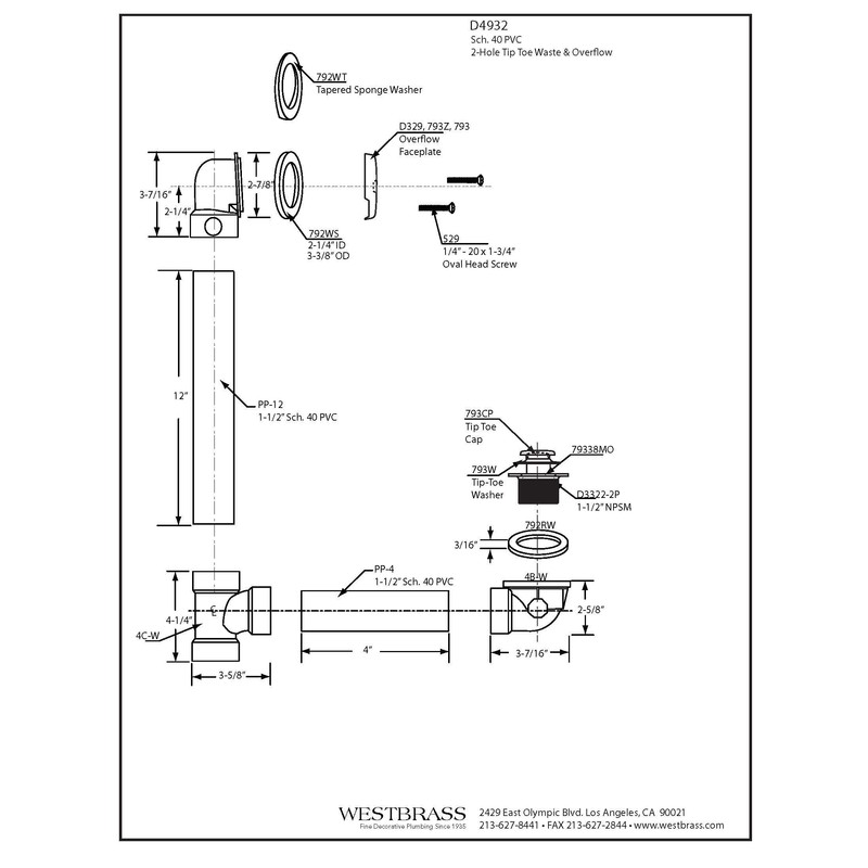 Westbrass D4932-26 1-1/2" x 12" Bath Waste & Overflow Assembly