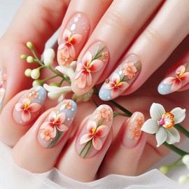 Press on Nails Medium Almond Fake Nails with Flower Designs Glue on Nails Gradient False Nails Acrylic Glossy Light Pink Nails Press ons Cute Artificial Stick on Nails for Girls Women 24Pcs