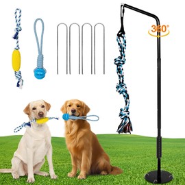 Tether Outdoor Dog Tug Toy, 360° Rotating Spring Pole, 3 Ropes & 4 Stakes