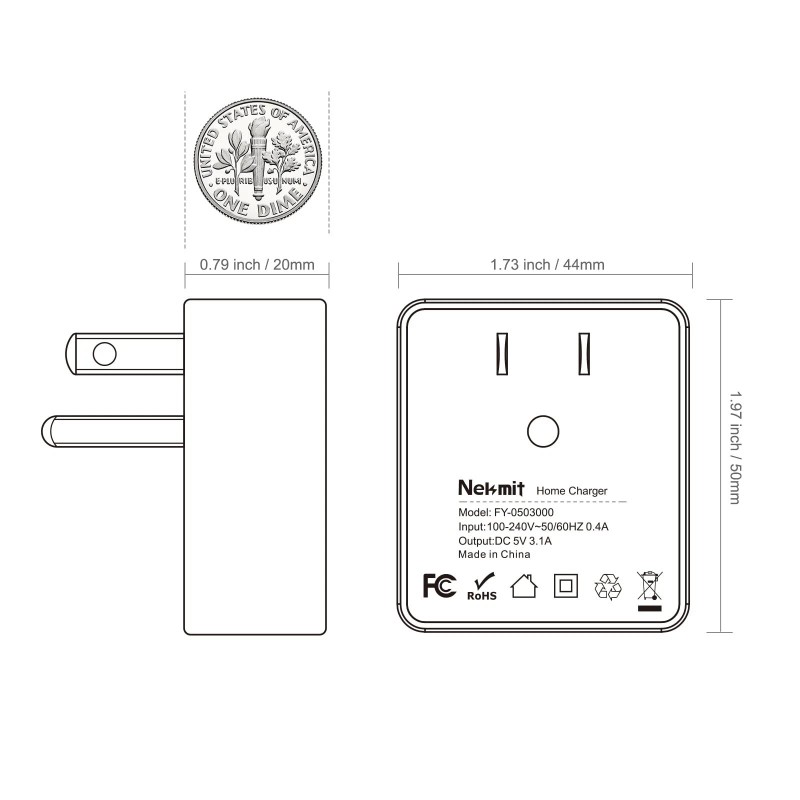 Nekmit Dual Port Ultra Thin Flat Usb Wall Charger With