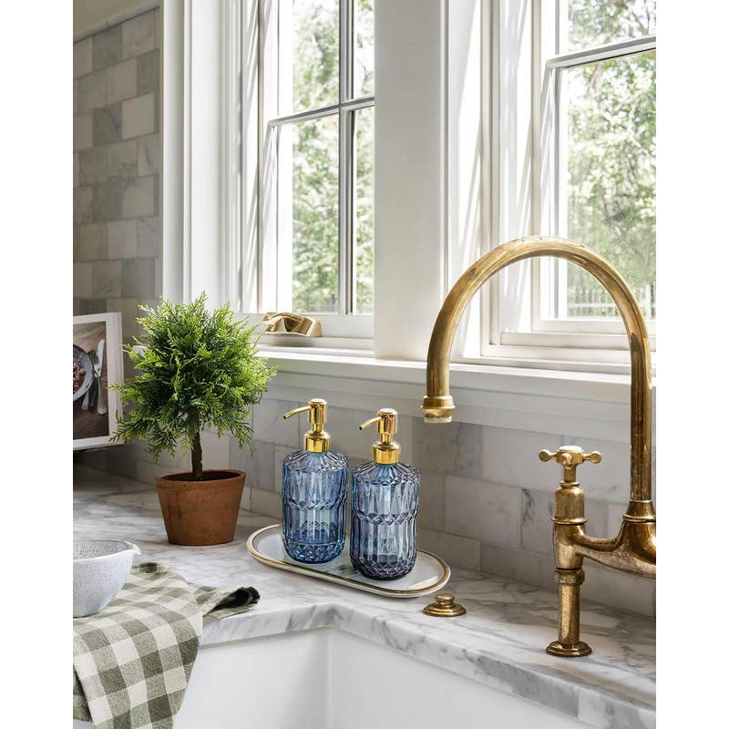 JASAI 18Oz Blue Glass Soap Dispenser with Golden Pump, Refillable
