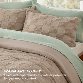 Bedsure Queen Size Comforter Set Khaki, Boho Tufted Bed Set, Checkered Farmhouse Shabby Chic Bedding, 3 Pieces, 1 Plaid Geometric Comforter and 2 Pillow Shams