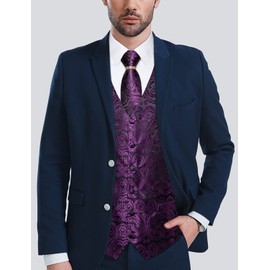 DiBanGu Men's Purple Paisley Vest Tie Set Silk Woven Suit Tuxedo Waistcoat Necktie Pocket Square Cufflinks Set with Tie Ring for Party Business