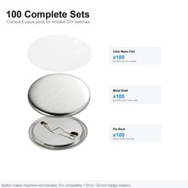 Livaedge Button Maker Supplies 100 Sets 32mm – 1.25 Inch Metal Shells, Pin Back Cover & Clear Plastic Films for Badge Refill, Compatible with Round Badge Button Maker Machine, Perfect for DIY Crafts