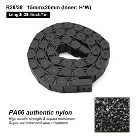LMioEtool R28/38 15mm x 20mm(Inner H x Inner W) Black Plastic Cable Wire Carrier Drag Chain 1M Length for CNC, with End Connectors - Semi Enclosed Type (Inner side openable)