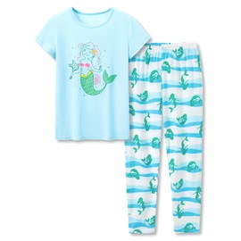 Beezizac Girls Cozy Cotton Pajama Set Blue Mermaid Short Sleeve & Pants 2-Piece PJ Spring Outfit Size 16