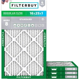 Filterbuy 16x25x1 Air Filter MERV 8 Dust Defense (4-Pack), Pleated HVAC AC Furnace Air Filters Replacement (Actual Size: 15.50 x 24.50 x 0.75 Inches)
