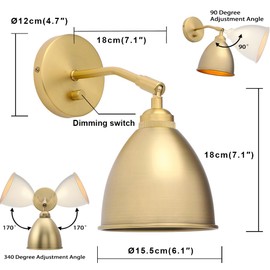 Yosoan Vintage Wall Sconce Bookcase Light, 1-Light Dimmable On Off Switch Hardwired Industrial Mount Metal Fixture Lighting Lamp with 6.1" Oval Antique Metal Shade in-Build Gold Reading Light for Bed