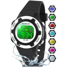 GUUMUXIN Children's Digital Watch, Children's Sports Watch with 7 Colour Indicator Light, Acrylic Watch Screen, 3 ATM Waterproof, Band Wrist Watch for Girls Boys 6-16 Years, Pure Black