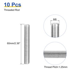 sourcing map 10Pcs M8 x 60mm Fully Threaded Rod 304 Stainless Steel Right Hand Threads Bar Studs for Anchors Bolts, Clamps, Hangers and U-Bolts, 1.25 Thread Pitch