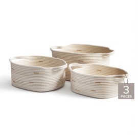 RGI Home Fabric Rope Storage Baskets – Set of 3 Rectangular Decorative Woven Bins with Easy-Carry Handles, Multi-Sized for Versatile Home Organization, Durable and Stylish, Ivory with Beige Accents