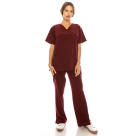 Banhada 8-Pocket V-Neck Top Medical Scrubs Set for Woman - 4 Way Stretch, Comfort, Light Weight Merlot, XXS