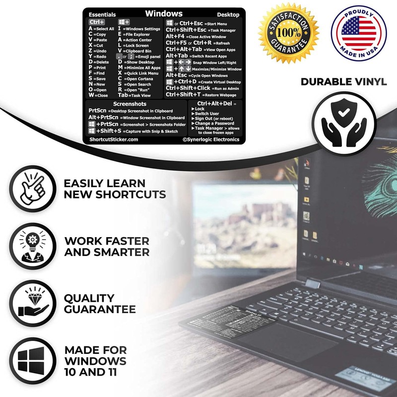 Synerlogic Windows PC Reference Keyboard Shortcut Sticker | Vinyl, Laminated