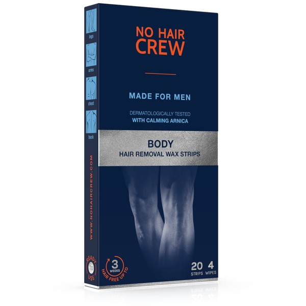 6 x NO HAIR CREW Body Hair Removal Wax Strips – High Performance Wax Strips. Made for Men. (Set 6 x 20 Strips & 4 Soothing Cleansing Wipes)