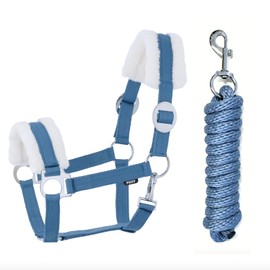 JA Horse Faux Fur Halter Lead Rope Set with Carabiner Hook Adjustable Horse Halter Horse Wooden Horse Tie Rope (Faux Fur Snap Hook Blue, Pony)