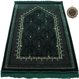 Modefa Turkish Islamic Velvet Prayer Rug - Thick & Wide Soft Praying Carpet for Men & Women - Large Traditional Muslim Salah Mat - Ramadan & Eid Gift - with Car Hanger - Double Plush Topkapi (Green)