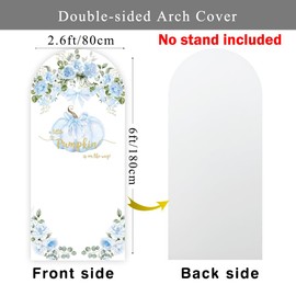 Autumn Baby Shower Arch Backdroop Cover 6ft A Sweet Little Pumpkin is on The Way Fall Blue Floral Flower Gender Neutral Girl Boy Wall Stretchy Fitted Fabric Arched Photo Booth Sign (2.6x6ft)