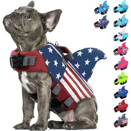 SUNFURA Dog Life Jacket Shark Life Vest for Dogs, Adjustable Swmming Vest with High Buoyancy, Safety Lifesaver with Rescue Handle for French Bulldog Small Medium Breeds, USA Flag L