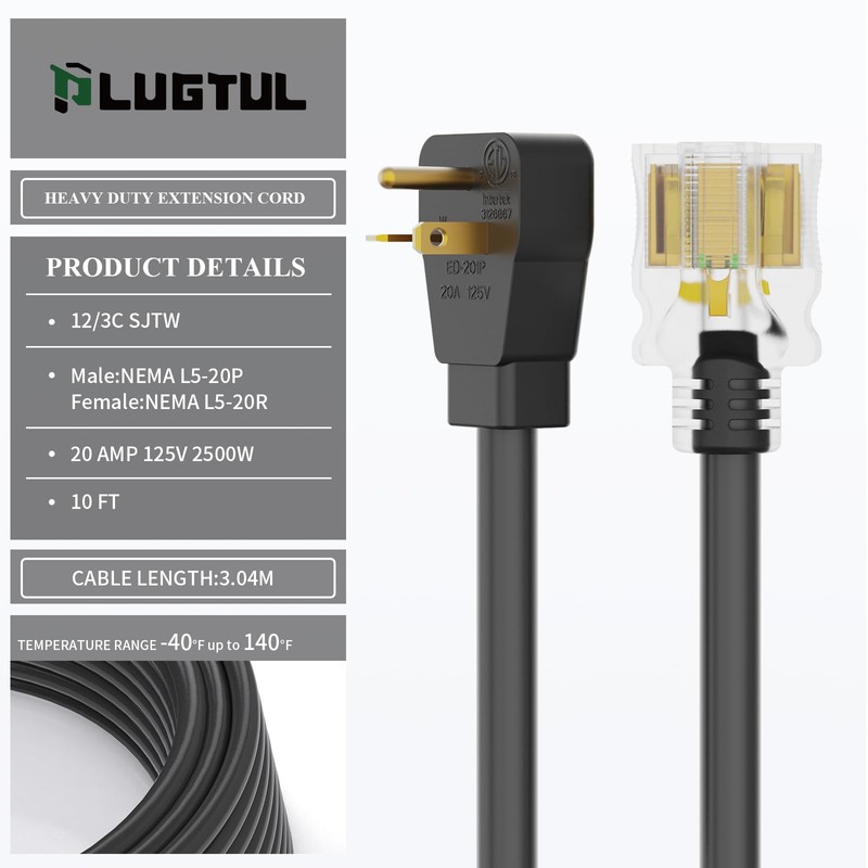 PLUGTUL 20AMP Extension Cord 10FT, NEMA 5-20 Heavy Duty Extension