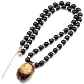 ElisaJewelryArt - Natural Tiger Eye Pendant Natural Black Onyx Beaded Necklace Genuine Gemstone Anxiety Stone Clasp Closure Hematite Necklace Unisex Necklace (32, Tiger Eye)