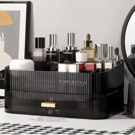 Decorcode Makeup Organizer for Vanity, Large Desk Organizer with Stackable Drawer for Cosmetics, Skincare, Lipsticks, Palette, Nail Care, Ideal Storage for Dresser and Bathroom Countertop- Black
