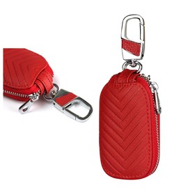 Jaorty Car Key Chain Bag - Genuine Leather Smart Keychain Coin Holder Case Cover Pouch With Remote Fob Bag, Keyring Wallet, and Zipper - Red