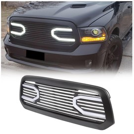 HECASA Front Big Horn Grille Replacement Shell Compatible with 2013-2018 Dodge RAM 1500 (W/Light) Black